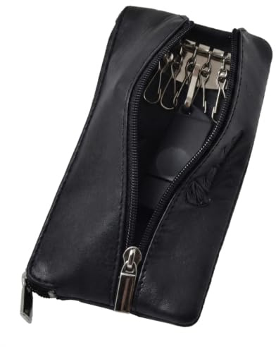 CM Conte Massimo Llavero Monedero de Piel Auténtica para Hombre y Mujer, Estuche con Doble Cremallera y Ganchos para Llaves, Caja de Regalo, Negro