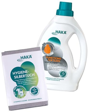 HAKA Sportwäsche-Set, 1 l Sportwaschmittel (33 WL) & Hygiene-Silbertuch (150 WL), für Sport- & Funktionskleidung, erhält Atmungsaktivität, neutralisiert Schweißgeruch, antibakteriell, vegan