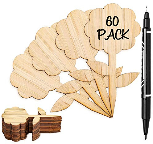 Whaline 60 Pcs Flower-Type Wood Plant Labels with 1 Marker Pen Wooden Plant Sign Tag Garden Marker Decorative Garden Tags for Seed Potted Herbs Flowers Vegetables, 2 x 3.9 Inch