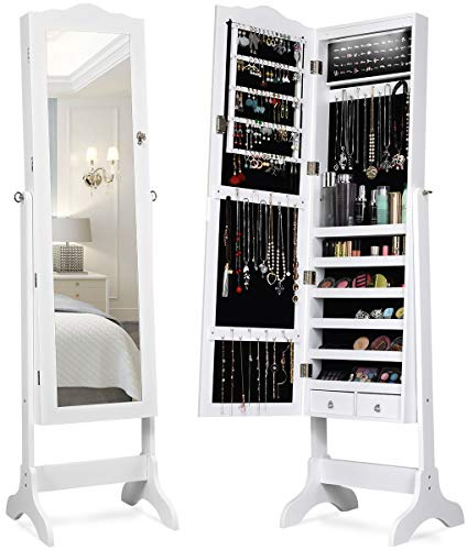 COSTWAY Armario para Joyas Espejo Joyero con 14 Luces LED Espejo de Cuerpo Entero con Cerradura Gabinete de Joyería de Pie Organizador para Anillos Cadena y Pendientes (Blanco)