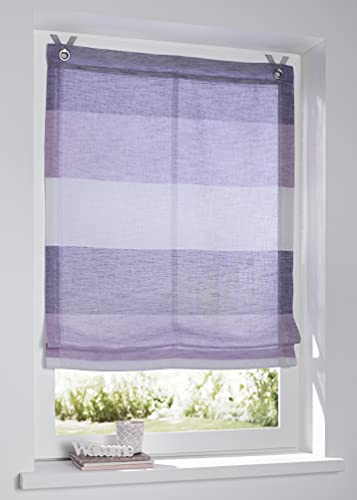 Raffrollo Ösenrollo Marit Rose/lila/Creme gestreift Leinenoptik Blickdicht Breite 80 cm x Höhe 120 cm, incl. Fensterhaken