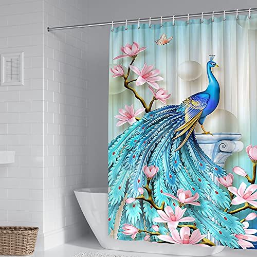 Banemi Duschvorhang Antischimmel Gewicht, Duschvorhang Bunt Azul Rosado Pavo Real y Flores 180X200cm für Kleine Badewanne mit 12 Duschvorhangringen