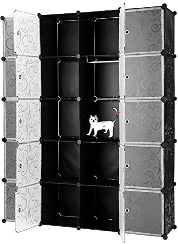 HUOLE DIY tragbarer Kleiderschrank,Garderobe Kleiderschrank Mit 2 Kleiderstange, modularer Kombischrank, platzsparendes Steckregalsystem,5 Etagen, 20 Türen, schwarz