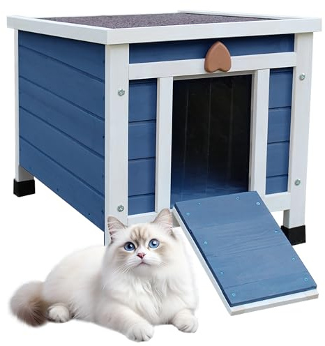 Rockever Outdoor Cat House,Outdoor cat Houses for Feral Cats Weatherproof Rabbit Hutch Small, Wooden Small Pet House and Habitats-Blue