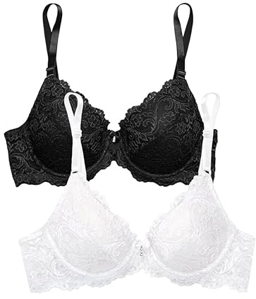Smart & Sexy Soutien-Gorge Push-up en Dentelle Signature pour Femme, Teinte Noire/Blanc 2pk, 105D