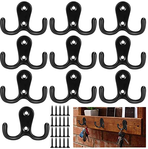 XKQYX 10 Pcs Coat Hooks Heavy Duty, Double Prong Door Clothes Hooks Wall Mounted Metal with Screws for Coat, Scarf, Bag, Towel, Key, Cap, Cup, Hat, Robe Screw in Hooks - Black