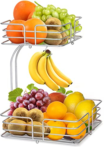 Bomclap 2 Etagen Obstkorb mit Bananenhalter - Küche Obstschale aus Metall - Abnehmbare Stehend Obstschalen - Moderne Dekorativer Gemüsekorb Obstkörbe (Silber)