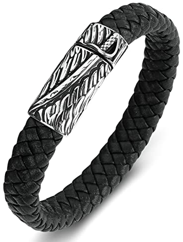 Ayoiow Männer Armband Indianer, Armband Metall Jungen Leder Armband Jungs Schwarz Flechtarmband mit Schwert Muster