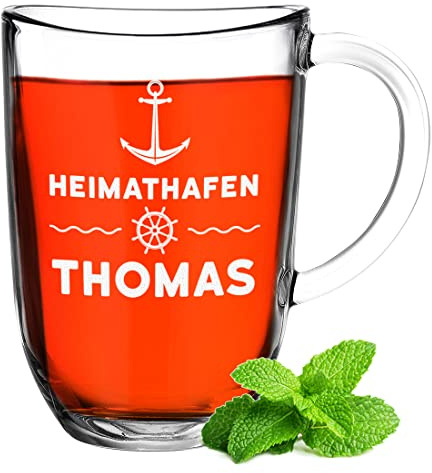 Glas Teebecher 380 ml mit personalisierter Wunschgravur für Frauen und Männer - Tee und Kaffee - Thermoglas Glühweinbecher - Tasse mit Henkel - Geschenk für Kinder - Mama und Papa - Geburtstag