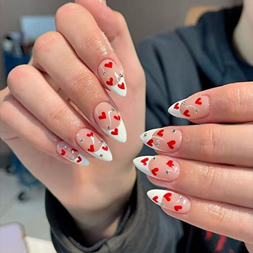 JUSTOTRY 24 Stück Stiletto Nägel Zum Aufkleben Kurz mit Rot Herz,Weiß French Press on Nails,Trendy Mandel Kunstnägel Fake Nails Mittel,Fingernägel Künstliche Nägel für Frauen