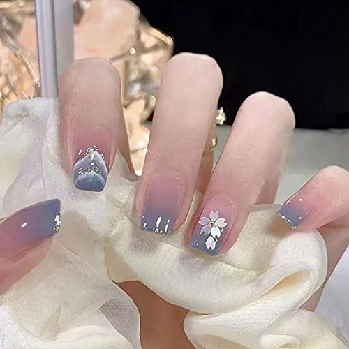 24 Stück Eckig Nägel Zum Aufkleben Kurz, Blau Gradient French Künstliche Nägel, Natural Kunstnägel Press on Nails mit Schneeflocke Design, Square Fingernägel Fake Nails für Frauen und Mädchen