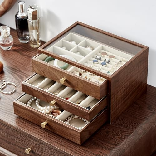 Homruilink Black Walnut Wooden Women Jewellery Box with Glass Lid, 3 Layer