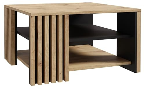 Forte Cardigan Couchtisch 80, moderner Sofatisch mit Ablage und Lamellendesign, Wohnzimmer, Holzwerkstoff, Artisan Eiche Holzdekor, Schwarz, 80 cm breit x 45 cm hoch x 80 cm tief