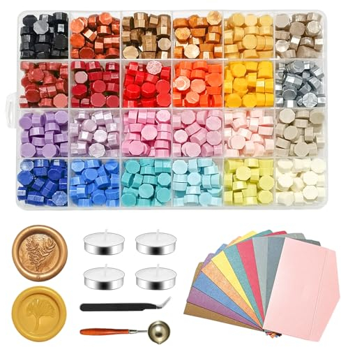 Wachs Achteckig Wachssiegel Set, 24 Farbe Siegelstempel 720 Stück siegelwachs Perlen, für Vintage Siegellack und Brief, Einladungen, Karten, Paket Geschenk Siegelwachs Set (Satz A)