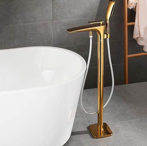 Badezimmer-Mischbatterie für freistehende Badewanne, heiß und kalt, 360° drehbar, freistehende Armaturen für Badewanne mit Handbrause, Gold charitable