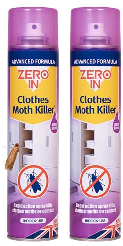 Zero In Clothes Moths Killer Spray - Fast-Acting Insecticide with Prallethrin & 1R Trans Phenothrin - Kills Moths on Contact - For Wardrobes, Textiles & Clothes- Long-Lasting Moth Spray, 300ml Aerosol