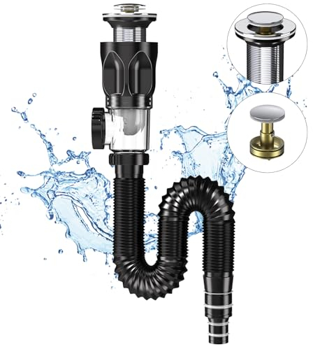 Abflussrohr-Kit für Waschbecken Abfluss, SHUY Siphon Geruchsdichte Waschbecken Ablaufgarnitur Kit mit Flexibler Ablaufschlauch und Pop-Up-Filter Abflussstopfen, 300–1000 mm Erweitert Werden Können