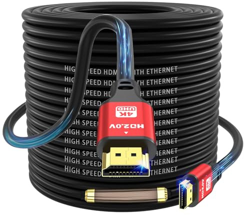 Jojobnj Câble HDMI 2.0 Haute Vitesse 25m, 4K@60Hz 18Gbps, Ultra HD, Ethernet, Audio Return, Vidéo 1080p, 3D, Arc, HDR Compatible avec Xbox, PS5/PS4, HDTV, Ordinateur Portable (Rouge)