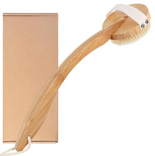 OWIIZI Körperbürste für den Rücken, abnehmbare Rundkopf-Borsten, große Flächen-Körperbürsten für Lymphdrainage, gebogener Bambus, langer Griff, Hautpeeling für Männer, Frauen, ältere Menschen