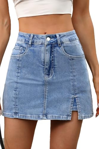 ELLEVEN Women’s Side Slit Denim Skort, High-Stretch,High Waisted,Y2K Mini Jean Skirt Shorts with 5 Pockets, A-Denim Blue, L