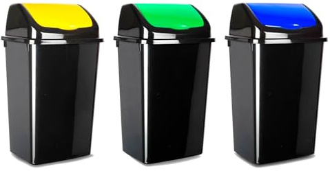 Acan Tradineur Lot de 3 poubelles avec couvercle basculant pour recyclage, en plastique, 50 litres, recyclage pour plastique, papier et verre, 68,5 x 40 x 35 cm