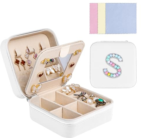 Ghope Pequeño joyero de terciopelo de felpa para mujer y niña, joyero de viaje con espejo, caja de joyas, mini organizadores de joyas, almacenamiento de joyas para anillos, pulseras, pendientes