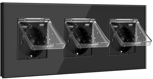 BSEED Schuko Enchufe con USB y Puerto Tipo C con Tapa Impermeable Triple Enchufe Empotrado con USB C, Protección de Toma de 16 Amperios, para Exteriores e Interiores, 3 Compartimentos Negro