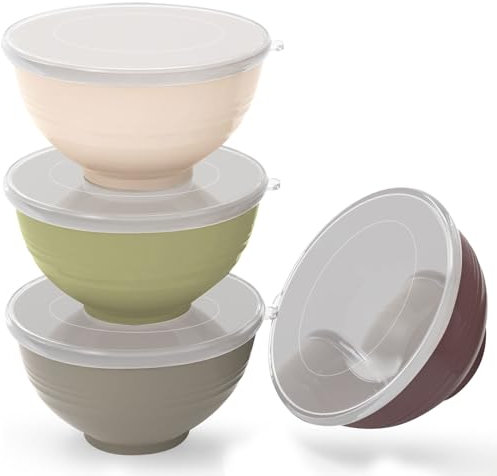 Greentainer Set di 4 ciotole per cereali infrangibili con coperchio, in plastica leggera, 680 g, lavabili in lavastoviglie e adatte al microonde, per cereali, insalata, zuppa, noodle, 4 pezzi