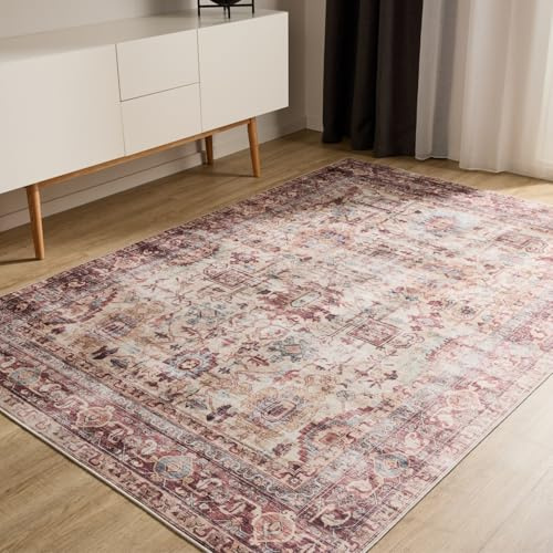benuta Basic Waschbarer Teppich George - Multicolor/Pink 200x300 cm - Kunstfaser - Rechteckig & im Style: Vintage, Elegant, Retro - Pflegeleicht für Wohnzimmer Schlafzimmer
