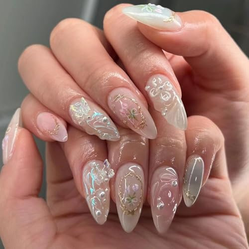 GlamRays Lot de 24 faux ongles à effet 3D, faits à la main, avec breloques, en forme d'amande de taille moyenne, jolis ongles au style manucure française, motifs fleurs et papillon