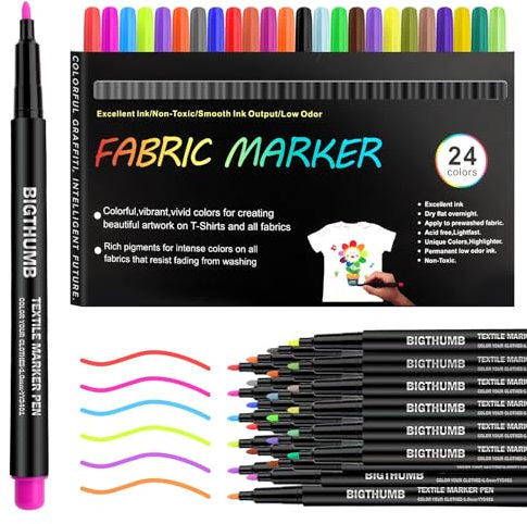 KUOFANY 24 Textilstifte Waschmaschinenfest, Textilmarker Textilmalstifte, Stoffmalstifte Textilmarker zum Bemalen, Textilfarbe Stoffmalfarben Textilfarben für T-Shirts, Kleidung, Stoffbeutel, Hut.