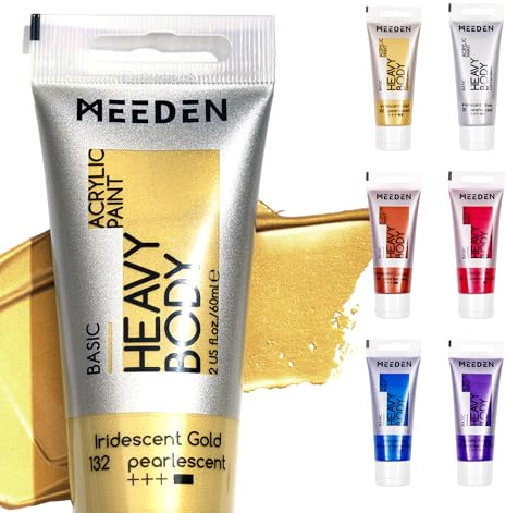 MEEDEN Set Colori Acrilici Metallizzati – 6 x 60 ml Vernice Acrilica Oro Argento Rame con Polvere di Mica per Tela Pittura su Legno, Vernice Acrilica con Pigmentazione Intensiva per Artisti Bambini