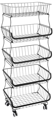LoyaltyClivia Estantería de cocina de 5 niveles, apilable, cesta de verduras, cesta de frutas, carrito móvil con 4 ruedas universales, cestas de almacenamiento combinables, para cocina, salón, baño
