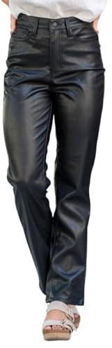 Pantalon en similicuir pour femme à jambe droite haute en cuir végétal pour les affaires, pantalons pour femmes, Noir , M