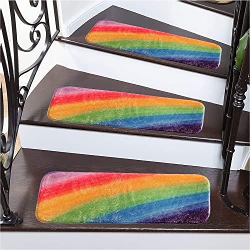 Bunte rutschfeste Teppich-Stufenmatten mit Regenbogen-Muster, 15 Stück, für Holzstufen, 70 x 22 cm, Bodenschutz, Treppenläufer