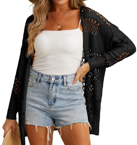 GRECERELLE virkad cardigan för kvinnor sommar strand täcker lätt ihålig öppen framsida långa koftor damer solskydd strandkläder, Svart, XXL