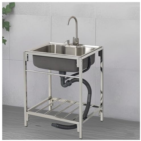 Freistehende Edelstahl SpüLbecken mit Halterung, Einzelwaschbecken-KüChenspüLe mit Kalt- Und Warmwasserhahn, AußEn-Waschbecken für Garten, Hof, Garage, Camping, WaschküChe