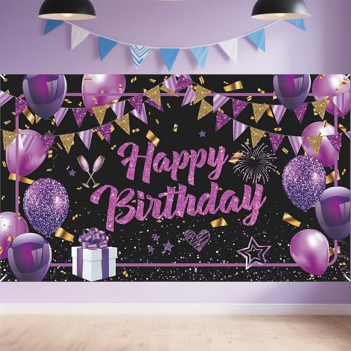 Happy Birthday Banner Decorations Backdrop, Purple Birthday Decor Banners Background, Large Black and Gold Party Sign Photography Photo Poster Accessories, Party Supplies for Man, Woman, Boys and Girl