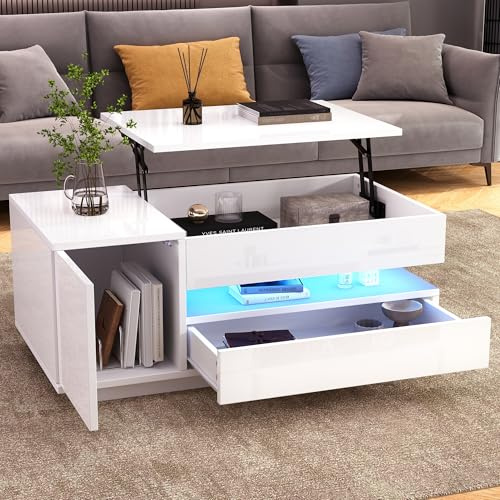 Merax Couchtisch Höhenverstellbar, Wohnzimmertisch Hochglanz mit Hebeplatte, Moderner Kaffeetisch mit LED, Sofatisch mit Schubladen, Schrank, Versteckte Stauraum, umwandelbar in Esstisch, Weiß