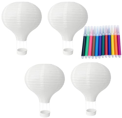 4 Heißluftballon Deko, Himmelslaternen Zum Steigen Lassen, Weiße Lampions Für Hochzeit, Geburtstagsparty, Schulveranstaltung, DIY Bastelprojekte, Inklusive 12 Farbstifte