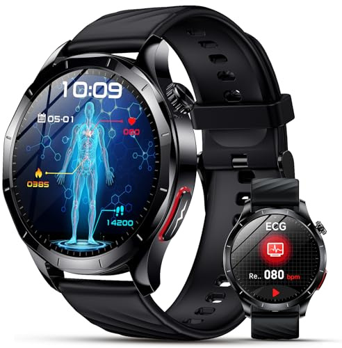 Lgnitek Smartwatch Herren mit EKG+HRV/ΒΙυtdruckmessung/ΒΙυτｚυcker/BMI/Harnsäure, 1,43 Zoll AMOLED Gesundheitsuhr mit SOS-Notruf, 24/7 Herzfrequenz/Apnoe/Schlafmonitor/SpO2, Android/iOS