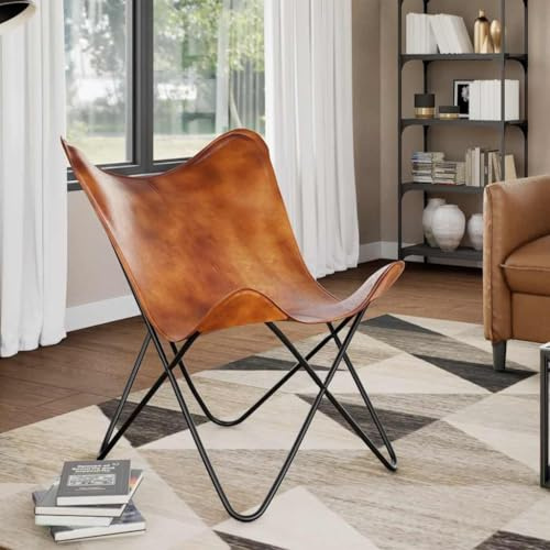 Mandloder Butterfly-Sessel Braun Echtleder, Handgefertigt, Ergonomisch Geformt, 74x66x90 cm, Robuster Eisenrahmen, Bequemer Sofa Chair für Wohnzimmer und Lounge