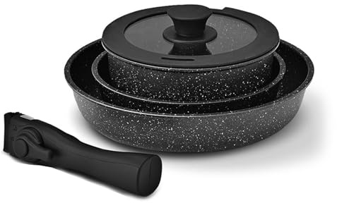 Lot de 5 poêles en céramique avec poignée amovible, empilables et antiadhésives, convient pour induction, gaz, vitrocéramique, passe au four, sans PFOA, peu encombrantes, passe au lave-vaisselle, pour