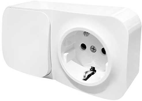 Base Schuko con Interruptor de Superficie, Enchufe con Interruptor para Montaje en Pared, Toma de Corriente para Interior, 16A, 250V, Máx. 3680W, Ideal para Uso Doméstico y Comercial, Blanco