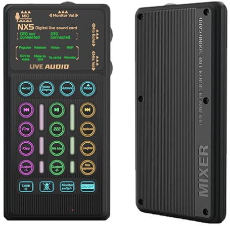 Tosuny Changeur de Voix Portable avec 8 Effets Sonores, Carte Son Bluetooth pour Jeux en Direct, Processeur Audio Portable avec éclairage RVB avec Réduction du Bruit de Réverbération