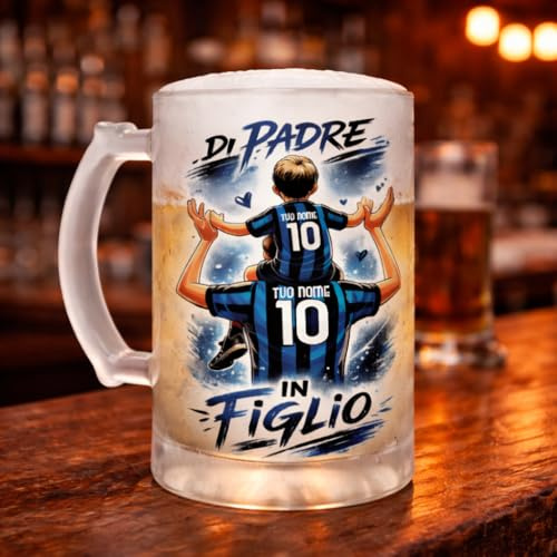 D&Vlab Boccale Birra 600ml in Vetro Satinato di Padre in Figlio Personalizzato con Nome per papà Tifosi Calcio Squadre Ultras Nero Azzurri Interisti