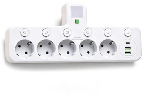 Regleta Adaptador con Enchufe EU, con 5 Tomas, 2 Puertos USB, 1 Puerto USB Tipo-C y luz Nocturna, interruptores Independientes, Adecuada para Cocina, salón, Dormitorio y Oficina (Blanco)