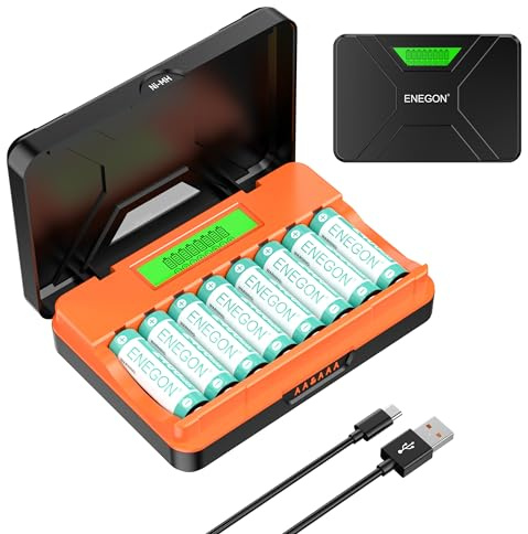 ENEGON 8-Fach Schnellladegerät für AA/AAA mit LCD-Display + 8 AA NI-MH Akkus (2400mAh), USB-C Ladestation mit Aufbewahrung – für Mäuse,Spielzeug & Elektronik