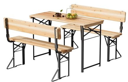 Bonnlo 3-teiliges Bierzeltgarnitur mit Rückenlehne, Gartenmöbel Set, Picknick-Set aus Tannenholz mit Metallgestell, Faltbares Camping-Möbelset für Innen & Außen, 113,5 x 50 x 74,5 cm, Naturholzfarbe