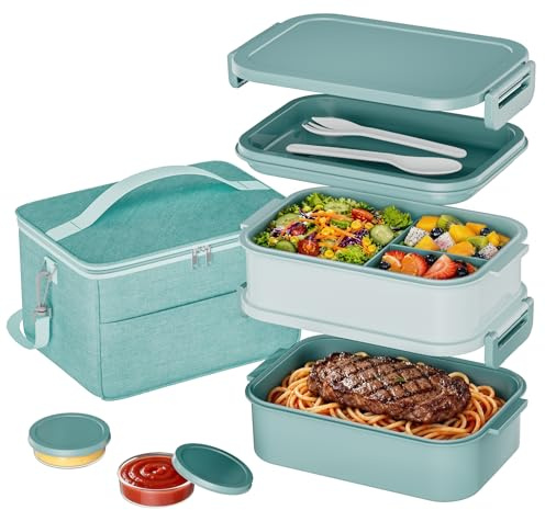 WayEee Lunch Box Adults with Lunch Bag, 2130ml Large Capacity Bento Lunch Box with Compartments,3 Layers Leak-Proof Bento Box with Fork Spoon for Kids Women Men,Office,School(Green)
